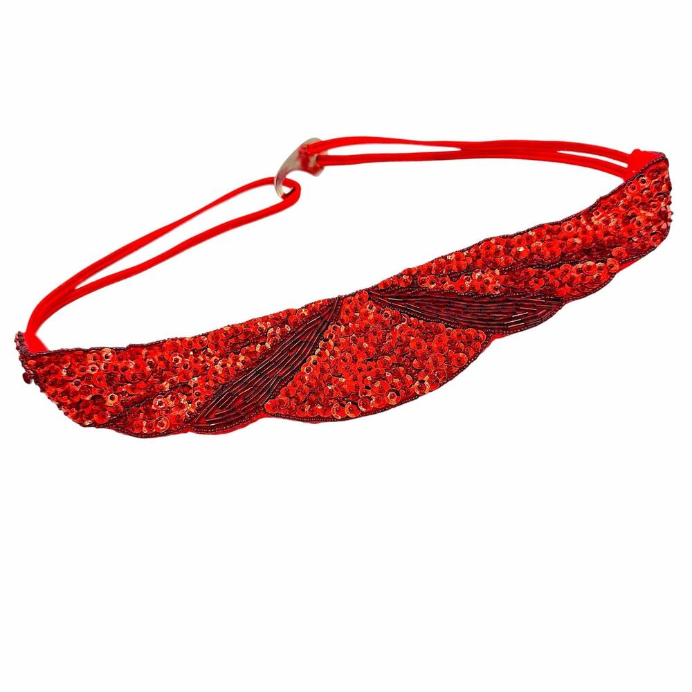 VTG 80s 90s Milor Red Beaded Sequin Stretch Belt Hand Made Small S Glam Party